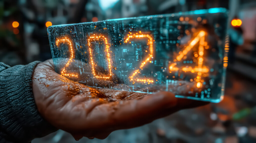 Main tenant un panneau transparent avec l'année 2024 illuminée
